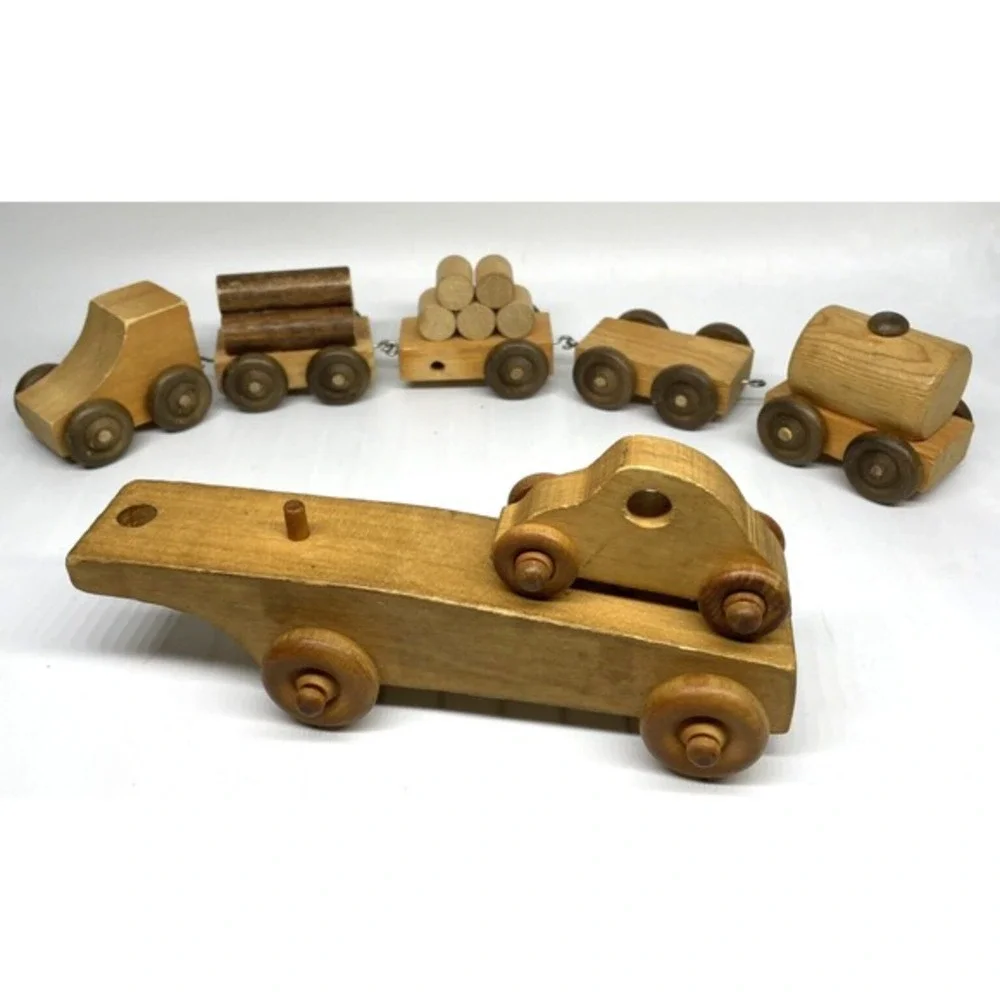 Solid Wood Toy Vehicles Truck Cargo Construction‎ 7 Pieces Vintage